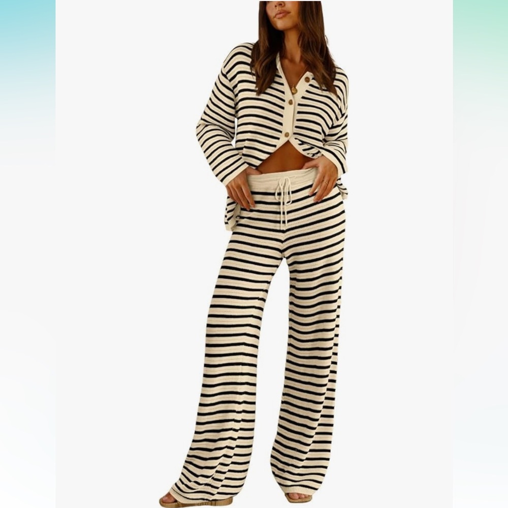 Striped Black and Cream Knit Loungewear Set